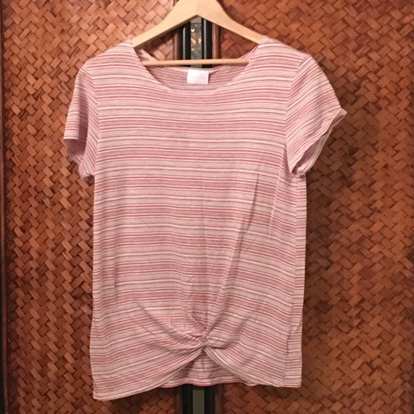 Made in Canada Caramely Sherbet Horizontal Striped Twist Hem Tee - Picture 1 of 6